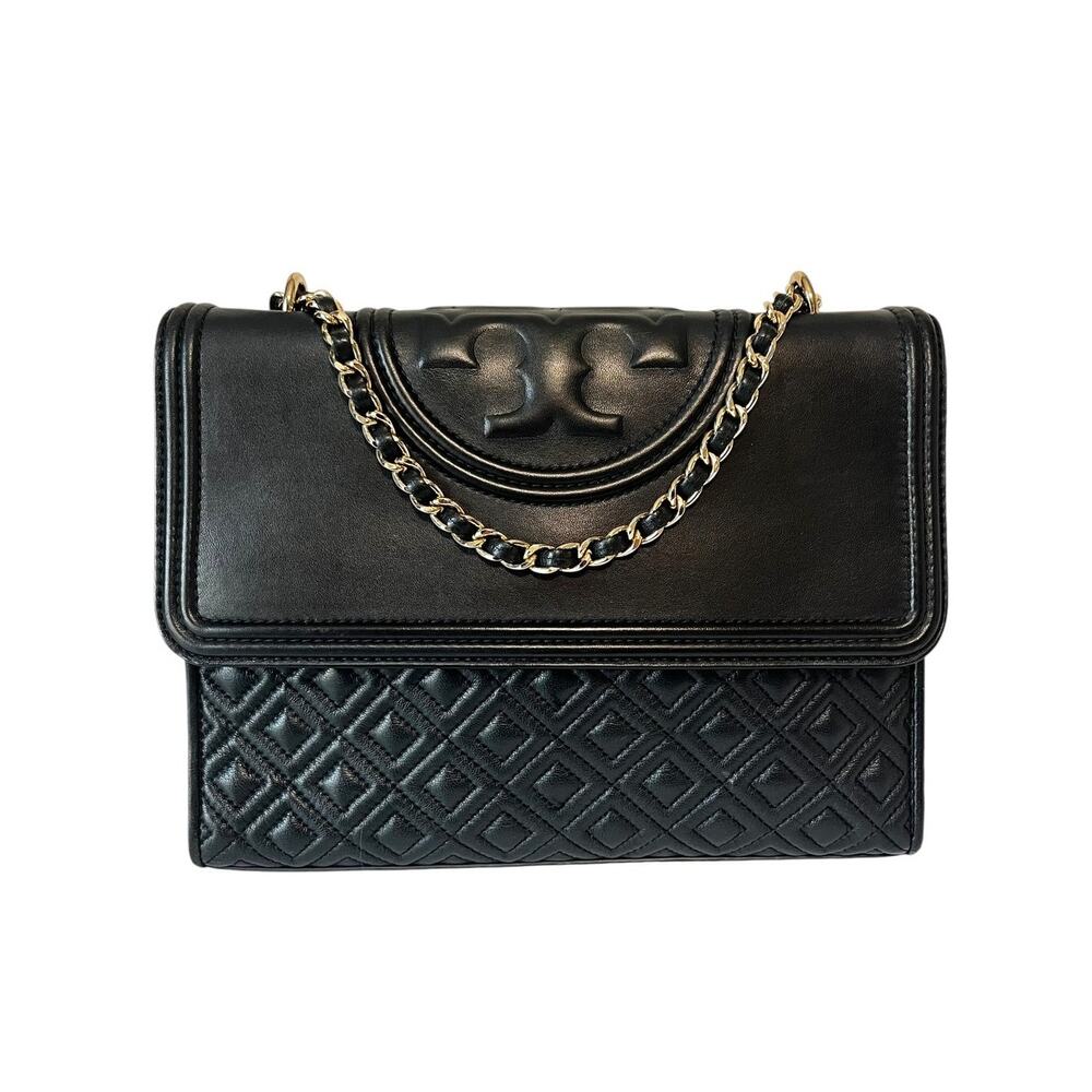 Tory Burch Fleming Black Leather Quilted Convertible Shoulder Crossbody Flap Bag